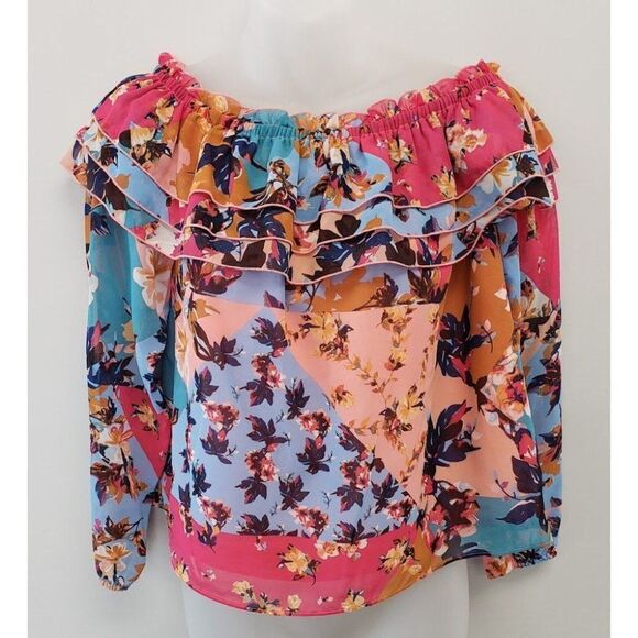 Bar III Off The Shoulder Blouse Top Women's SMALL Pink Blue White Floral Ruffles - Picture 7 of 11